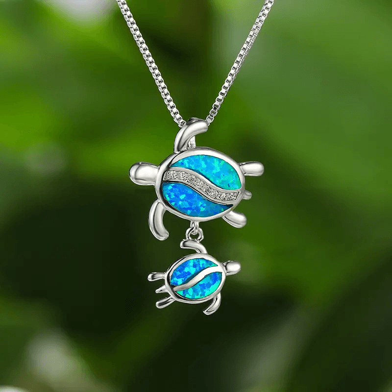 Beach Tortoise Alloy Pendant Necklace with Blue Opal Design