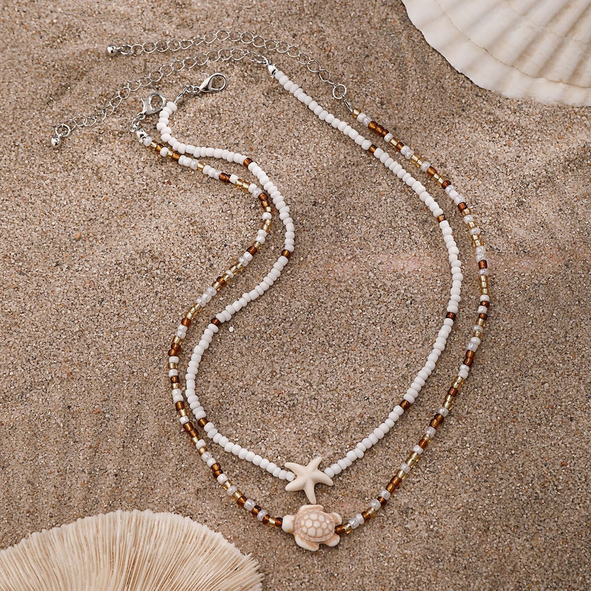 Bohemian Beach Tortoise Starfish Layered Necklace