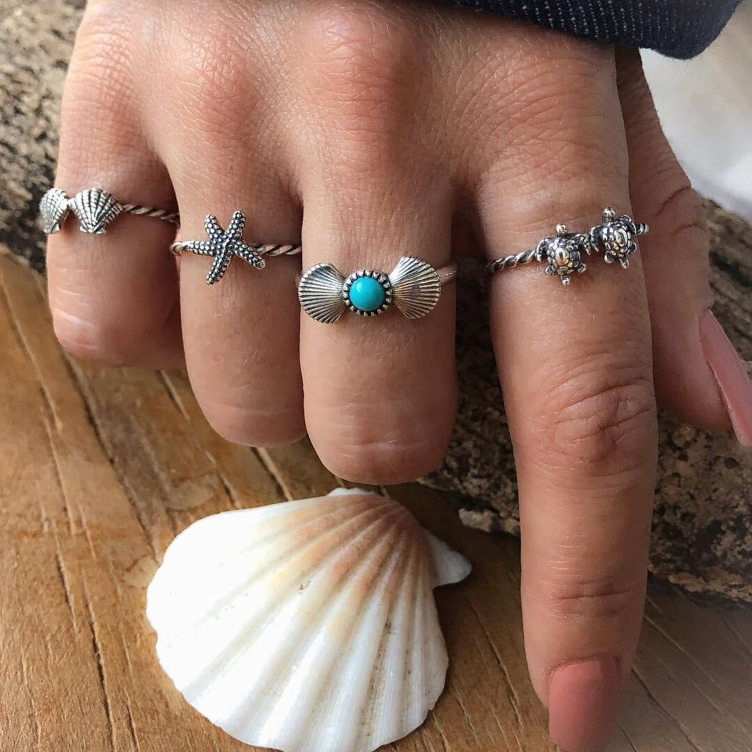 Beach Tortoise Starfish Shell Turquoise Ring Set for Women