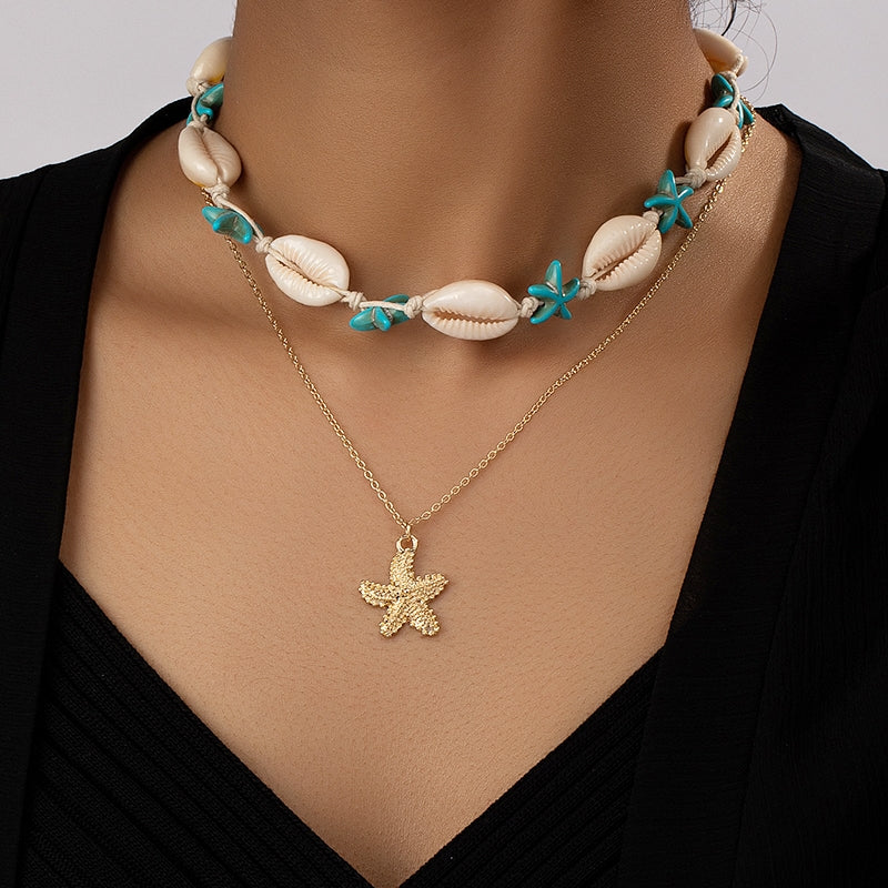 Beach Tropical Tortoise Starfish Shell Pendant Necklace - Vintage Layered Style for Women