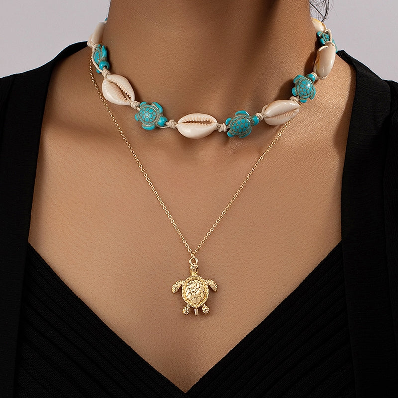 Beach Tropical Tortoise Starfish Shell Pendant Necklace - Vintage Layered Style for Women