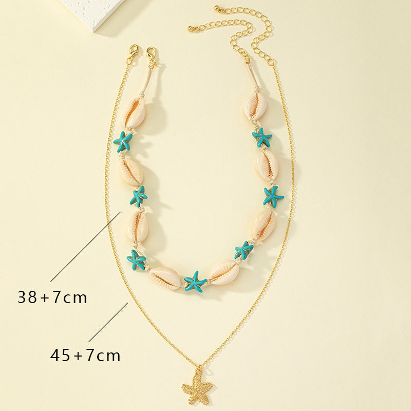 Beach Tropical Tortoise Starfish Shell Pendant Necklace - Vintage Layered Style for Women