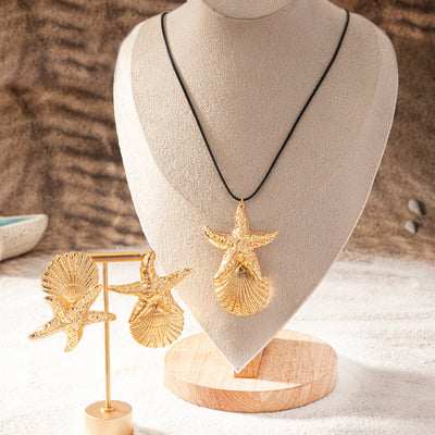 Tropical Starfish Shell 14K Gold Plated Alloy Jewelry Set - Earrings & Necklace