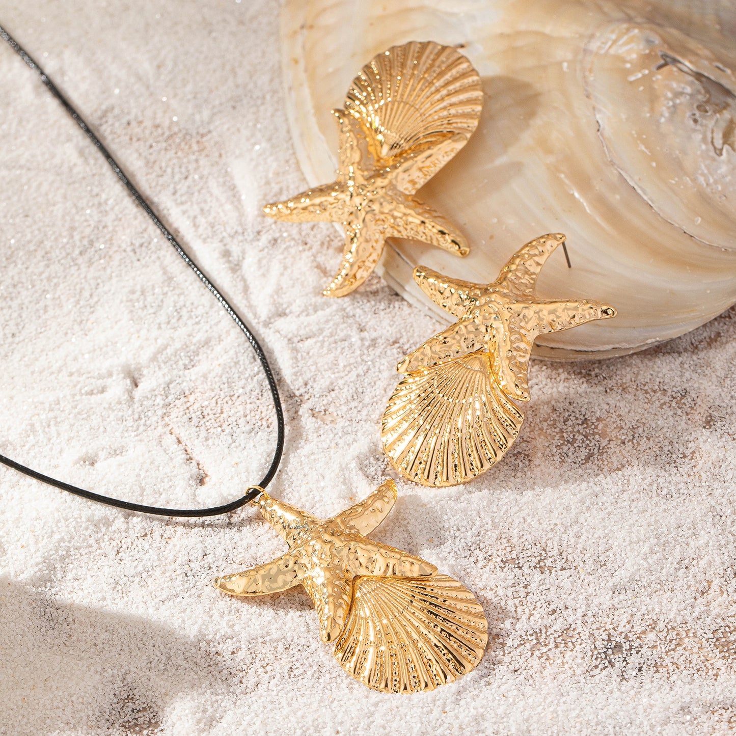 Tropical Starfish Shell 14K Gold Plated Alloy Jewelry Set - Earrings & Necklace