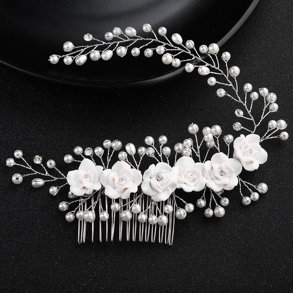 Beaded Floral Alloy Hair Comb with Ceramic Rose and Pearl Bridal Accessory