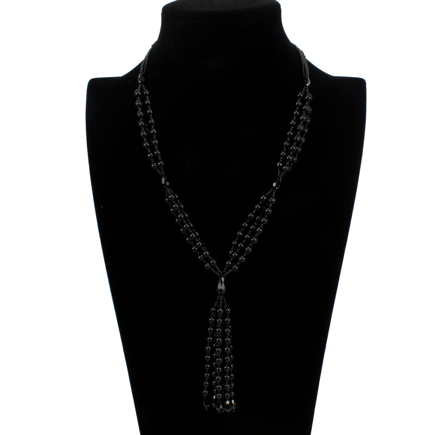 Korean Beads Pearl Tassel Long Necklace - Black