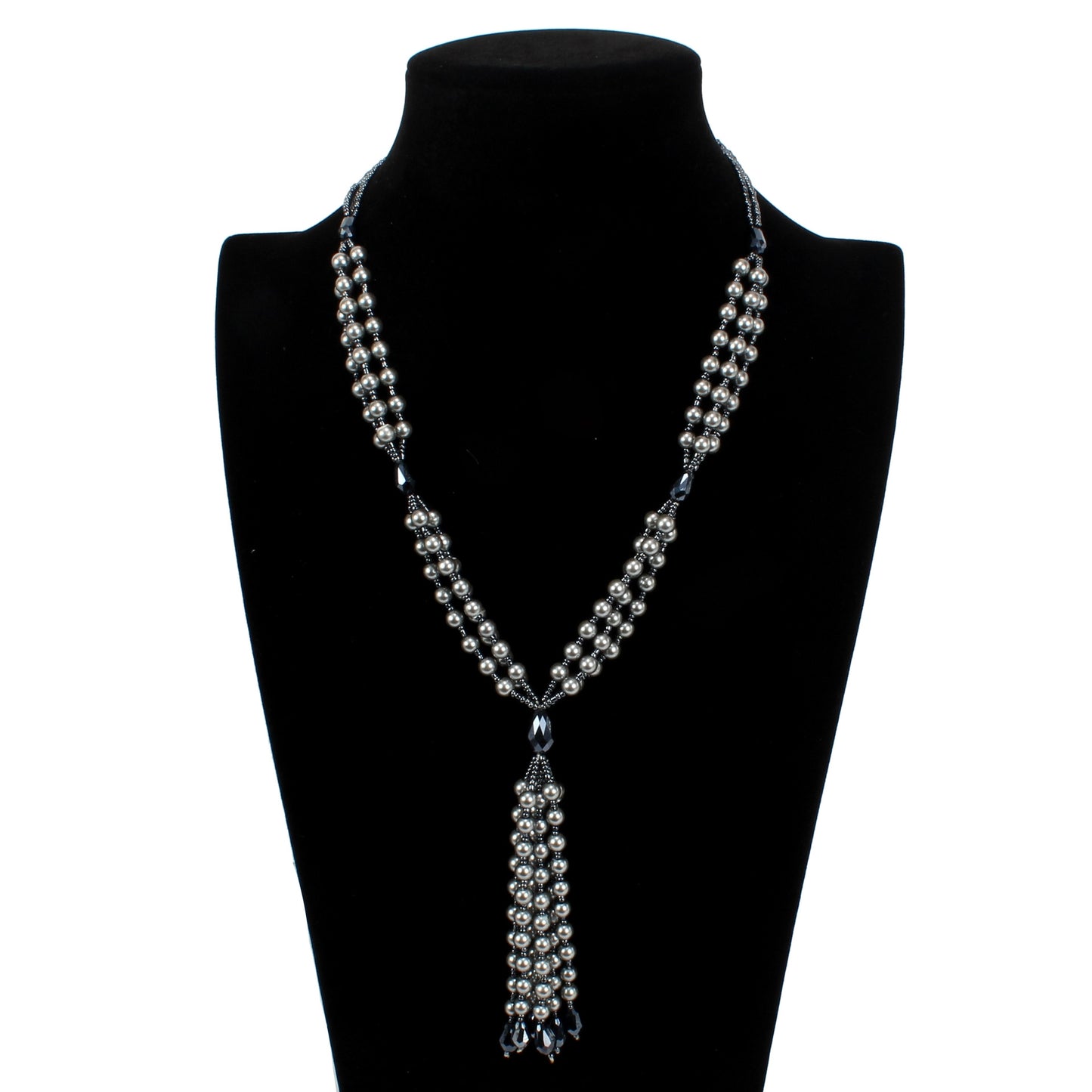 Korean Beads Pearl Tassel Long Necklace - Black