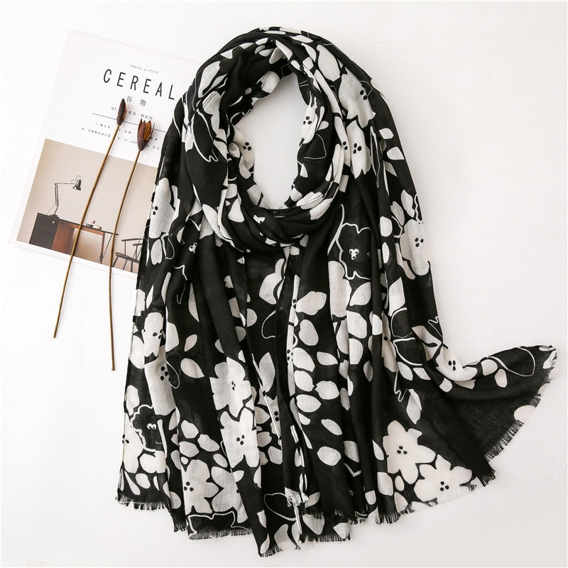 Black and White Printed Cotton Linen Long Scarf Shawl