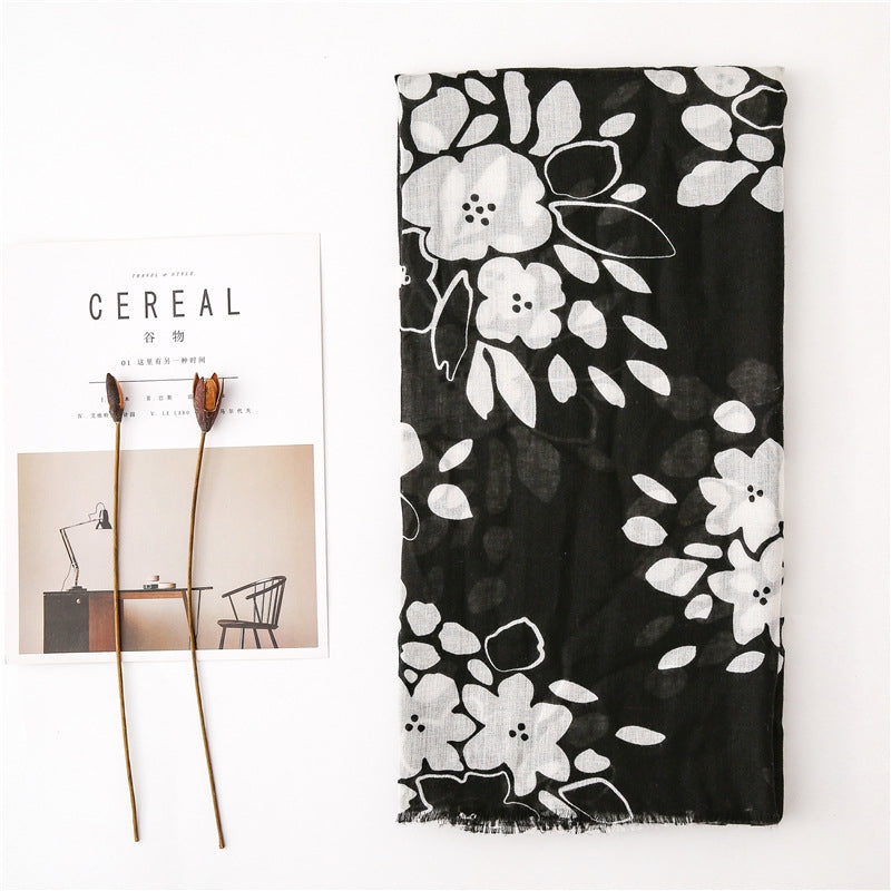 Black and White Printed Cotton Linen Long Scarf Shawl