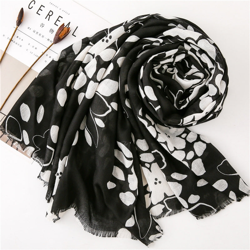 Black and White Printed Cotton Linen Long Scarf Shawl