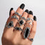 Bohemian Black Elephant Lotus Crown Ring Set - 11 Pieces