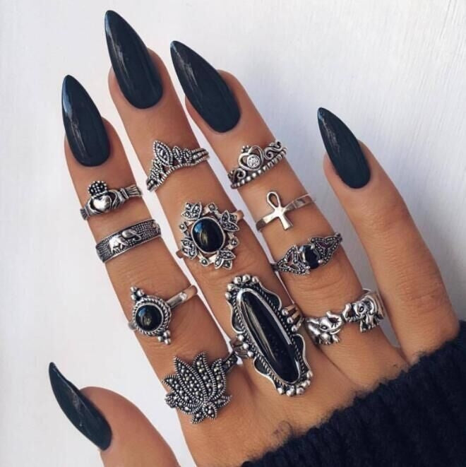 Bohemian Black Elephant Lotus Crown Ring Set - 11 Pieces