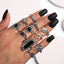 Bohemian Black Elephant Lotus Crown Ring Set - 11 Pieces