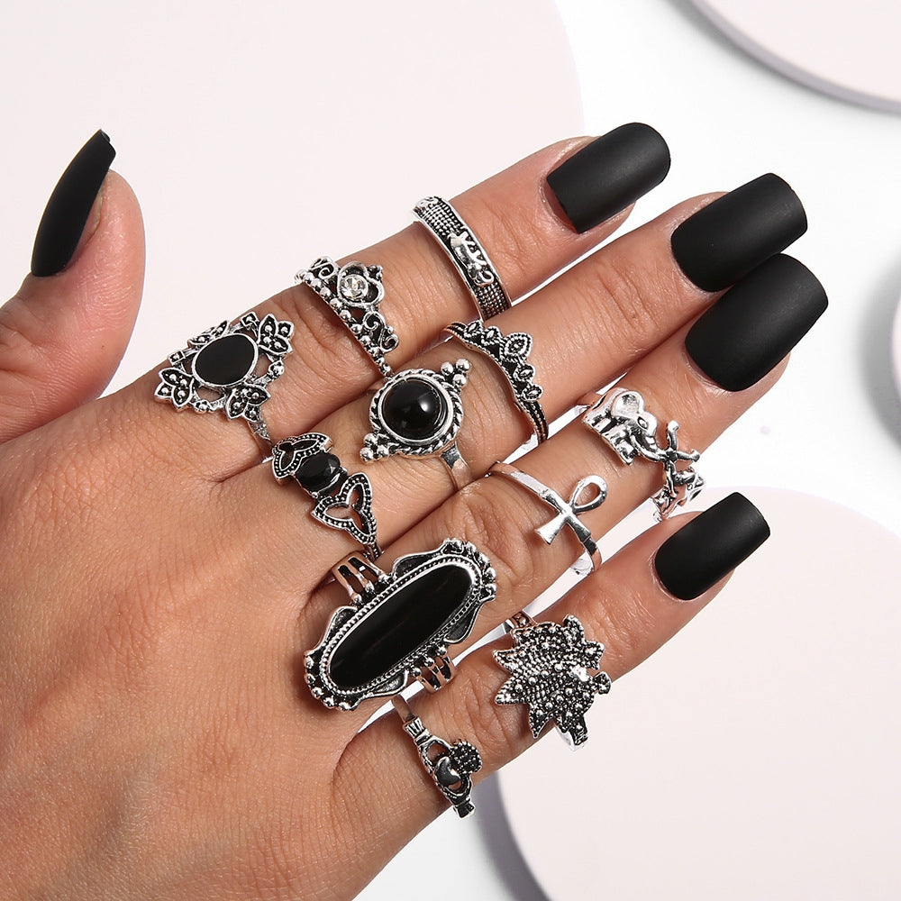 Bohemian Black Elephant Lotus Crown Ring Set - 11 Pieces