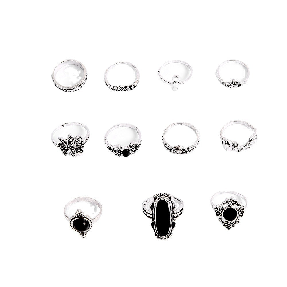 Bohemian Black Elephant Lotus Crown Ring Set - 11 Pieces