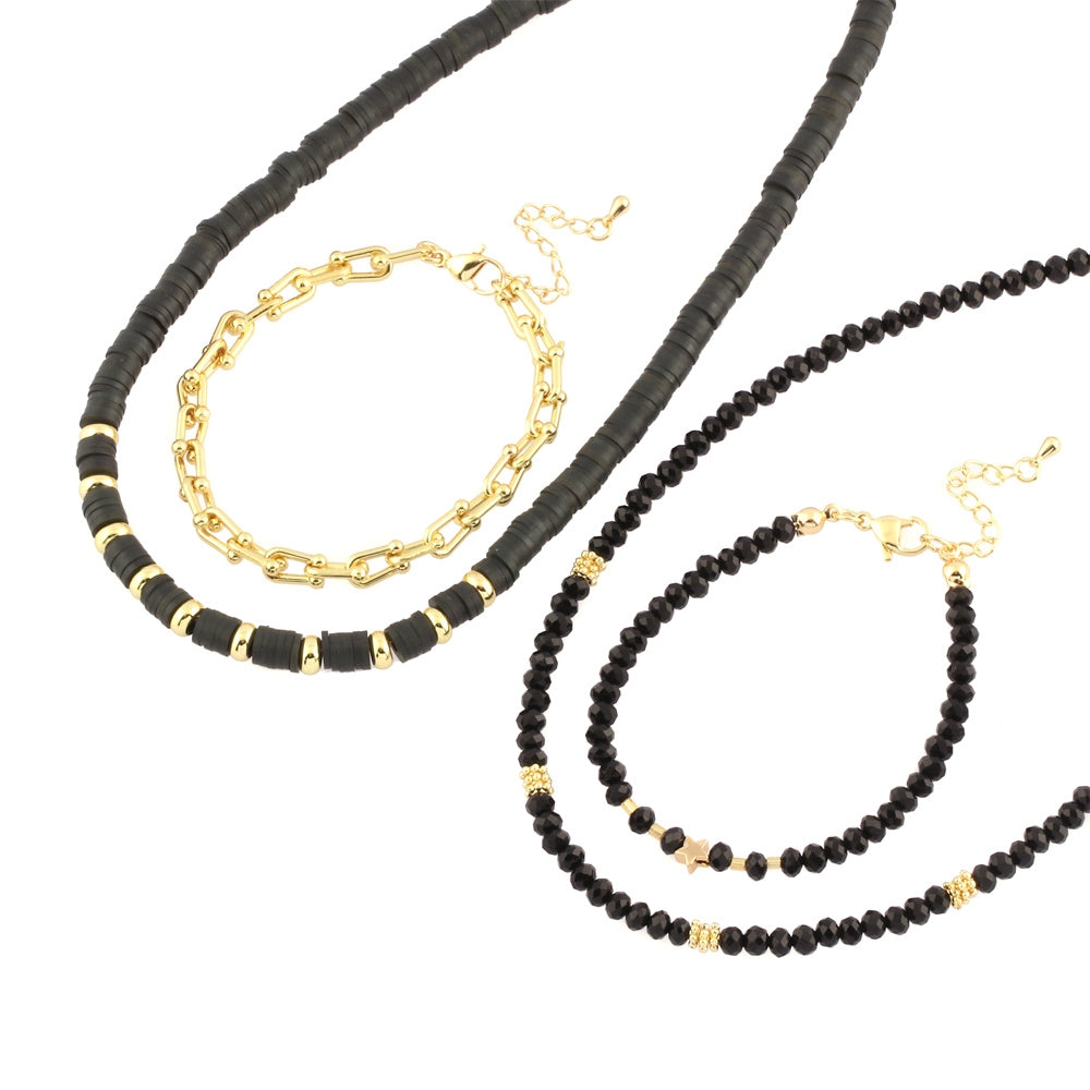 Bohemian Black Onyx Beaded Necklace and Bracelet Jewelry Set with 18k Gold Plated Pentagram Charm