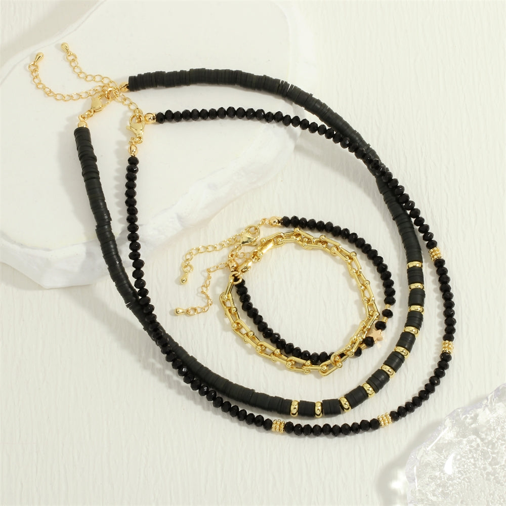 Bohemian Black Onyx Beaded Necklace and Bracelet Jewelry Set with 18k Gold Plated Pentagram Charm