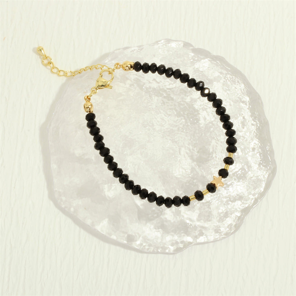 Bohemian Black Onyx Beaded Necklace and Bracelet Jewelry Set with 18k Gold Plated Pentagram Charm