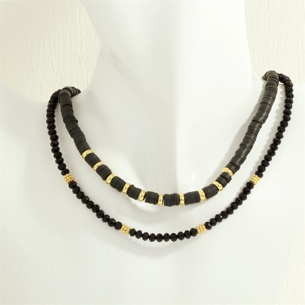 Bohemian Black Onyx Beaded Necklace and Bracelet Jewelry Set with 18k Gold Plated Pentagram Charm