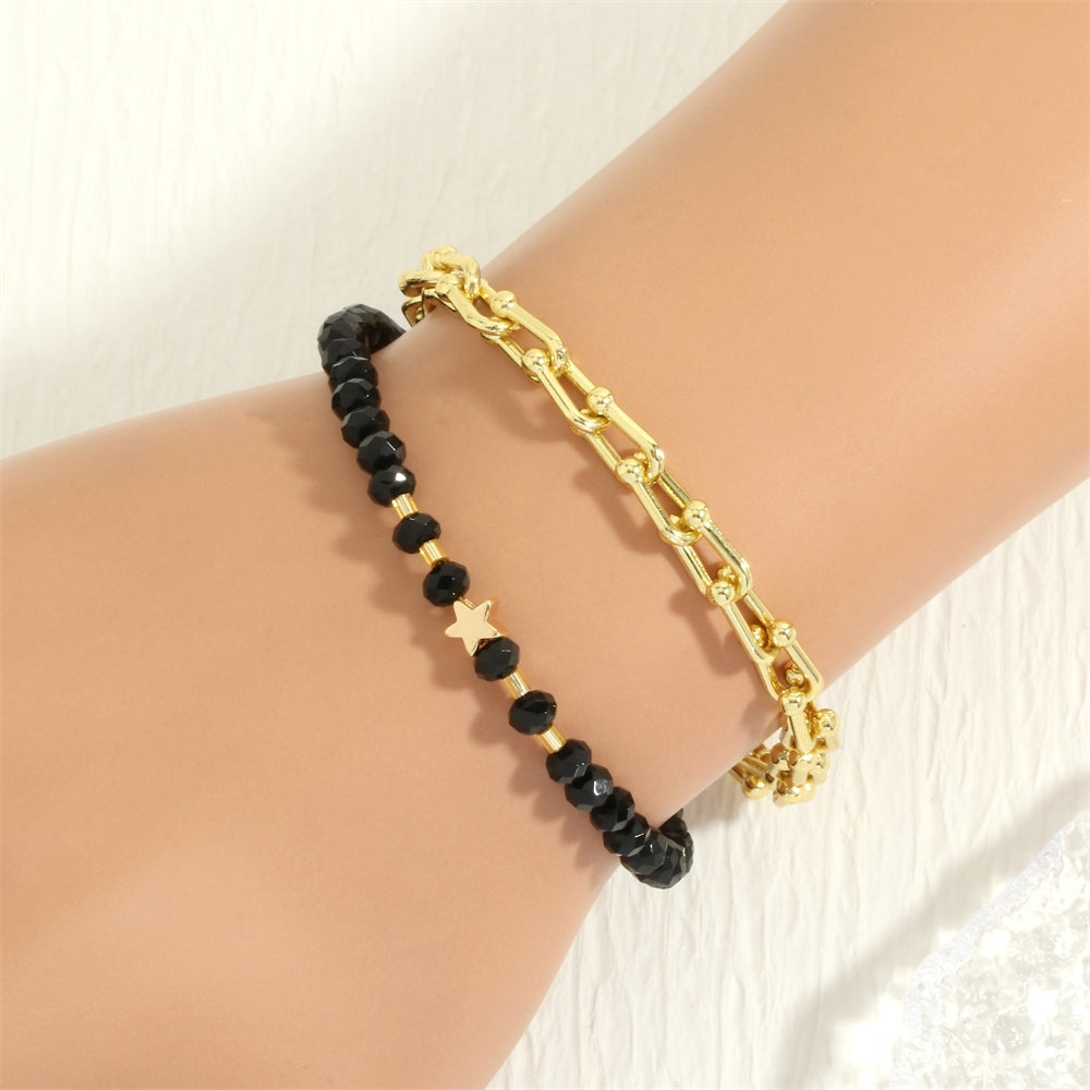 Bohemian Black Onyx Beaded Necklace and Bracelet Jewelry Set with 18k Gold Plated Pentagram Charm
