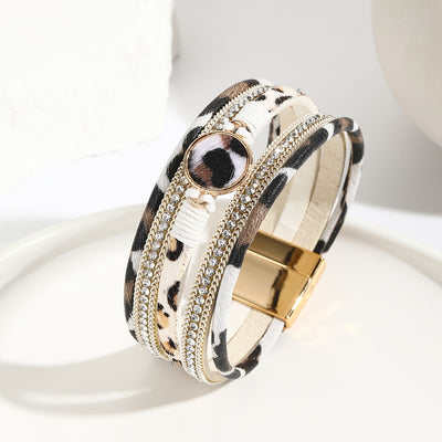 Bohemian Leopard Print PU Leather Rhinestone Women's Bracelet with Magnetic Buckle