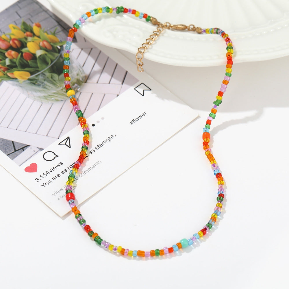 Bohemian Colorful Floral Rice Bead Necklace for Women