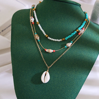 Bohemian Conch Shell Pearl Turquoise Layered Statement Necklace