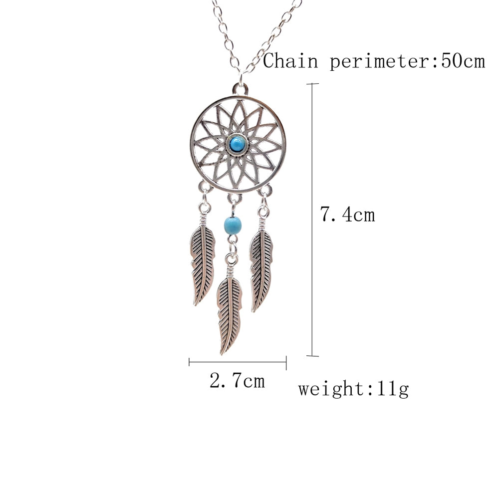 Bohemian Feather Dreamcatcher Pendant Necklace with Turquoise Inlay