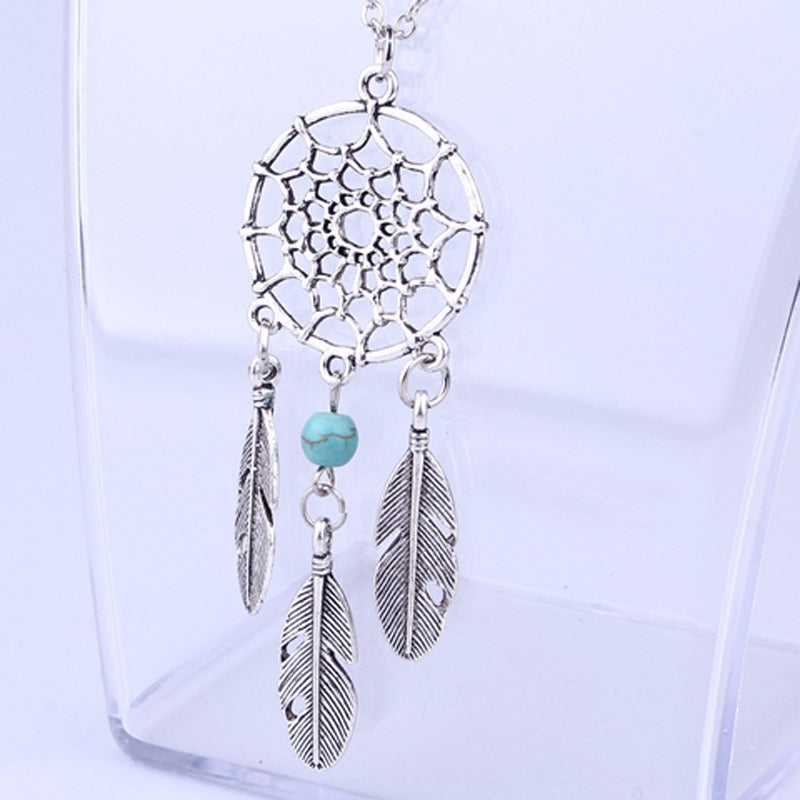 Bohemian Feather Dreamcatcher Pendant Necklace with Turquoise Inlay