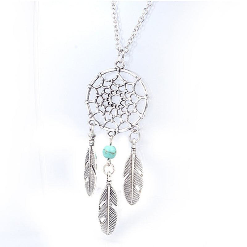 Bohemian Feather Dreamcatcher Pendant Necklace with Turquoise Inlay