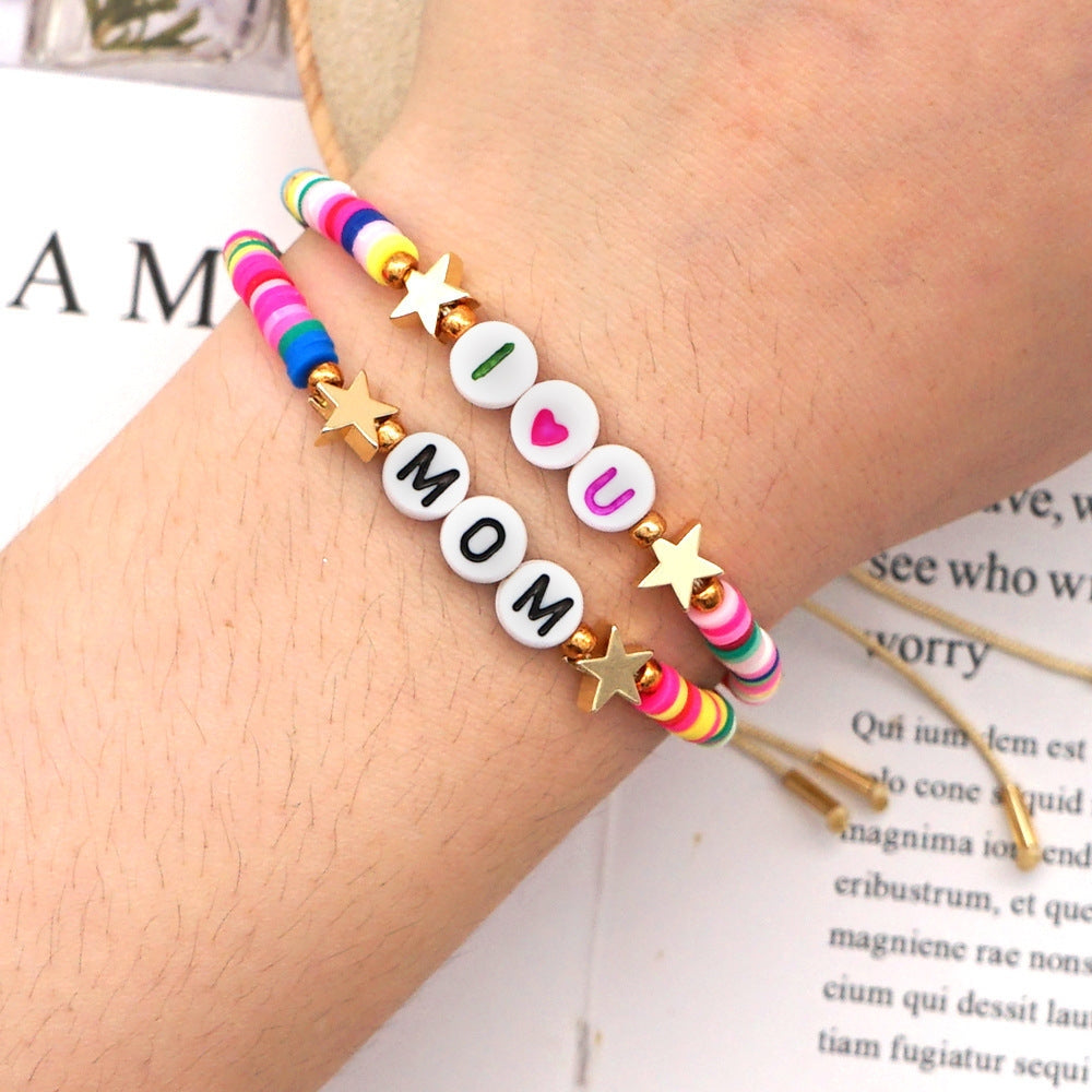 Bohemian Ethnic Mom Letter Bracelet with Soft Pottery Rainbow Star Accents