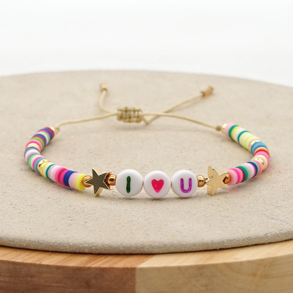 Bohemian Ethnic Mom Letter Bracelet with Soft Pottery Rainbow Star Accents