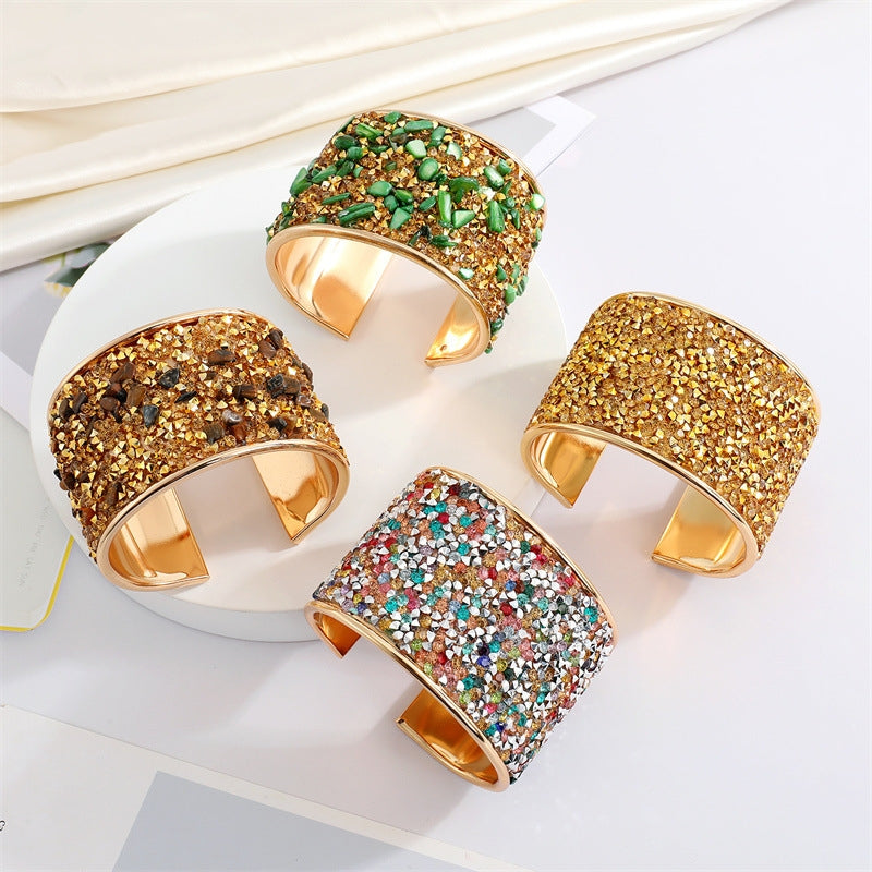 Bohemian Ethnic Colored Gravel Rhinestone Open Cuff Bracelet