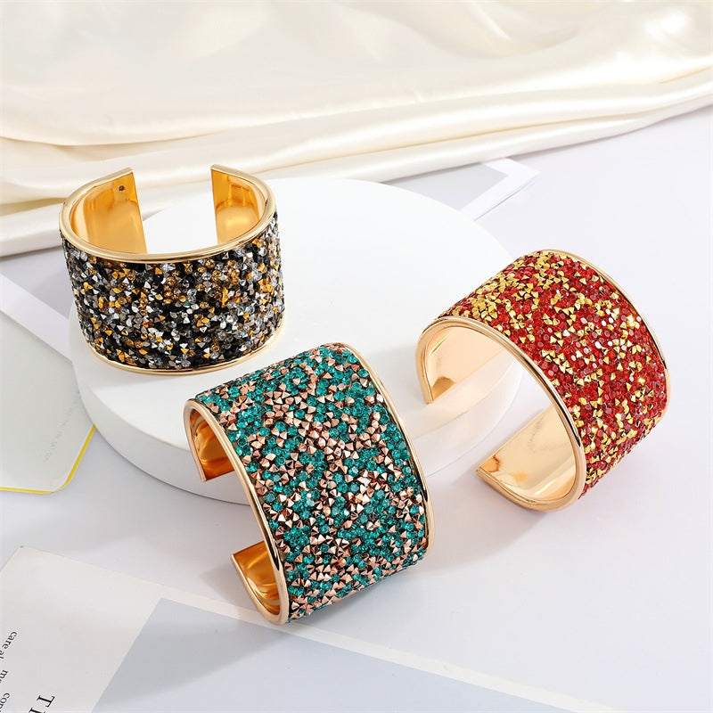 Bohemian Ethnic Colored Gravel Rhinestone Open Cuff Bracelet