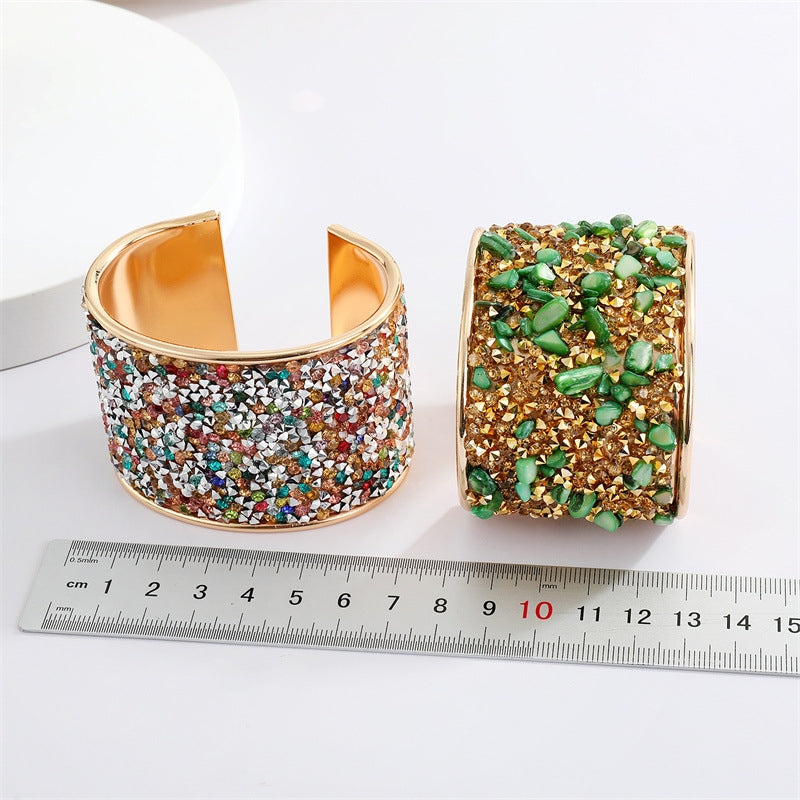 Bohemian Ethnic Colored Gravel Rhinestone Open Cuff Bracelet