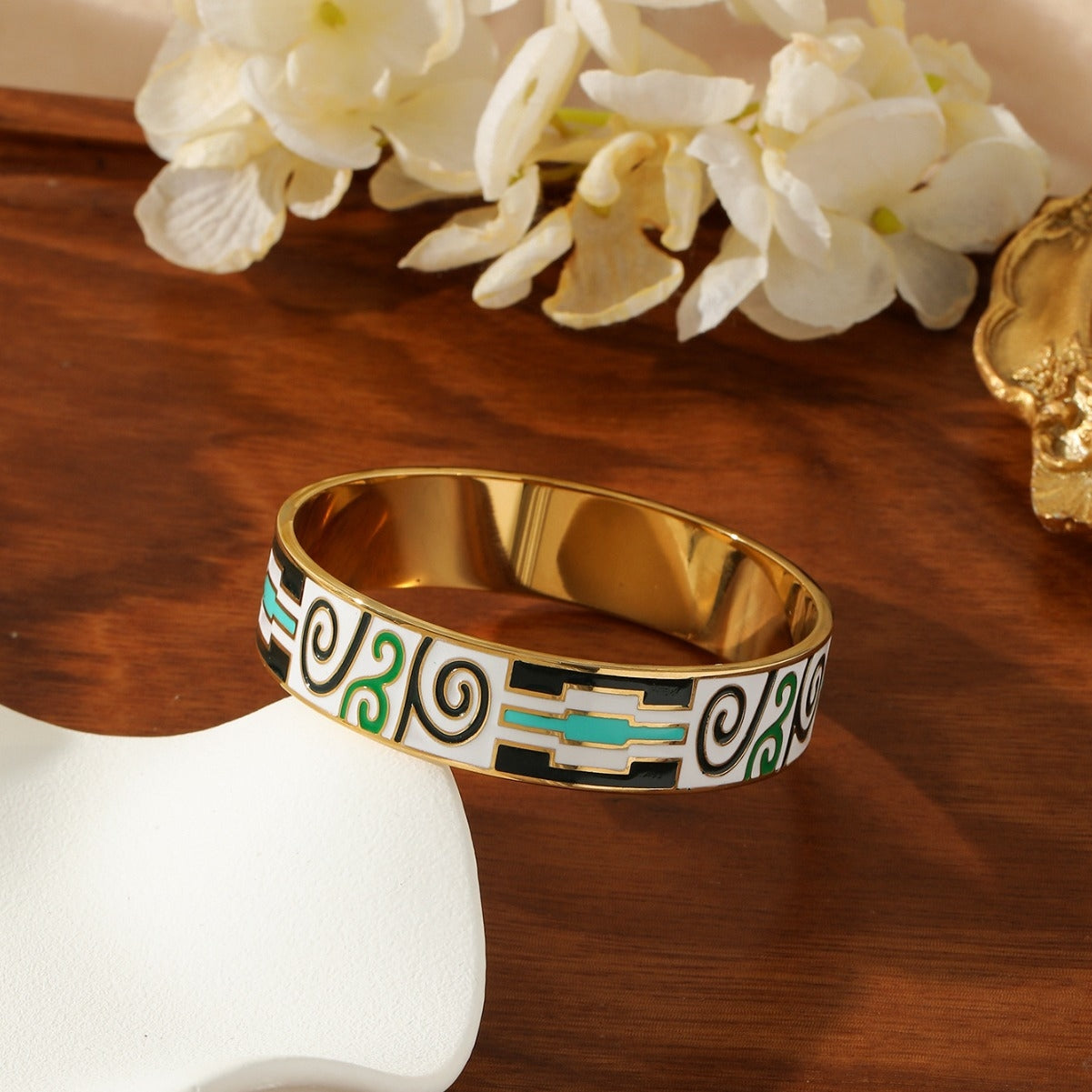 Bohemian Retro Geometric Enamel 18K Gold Plated Stainless Steel Bangle Bracelet