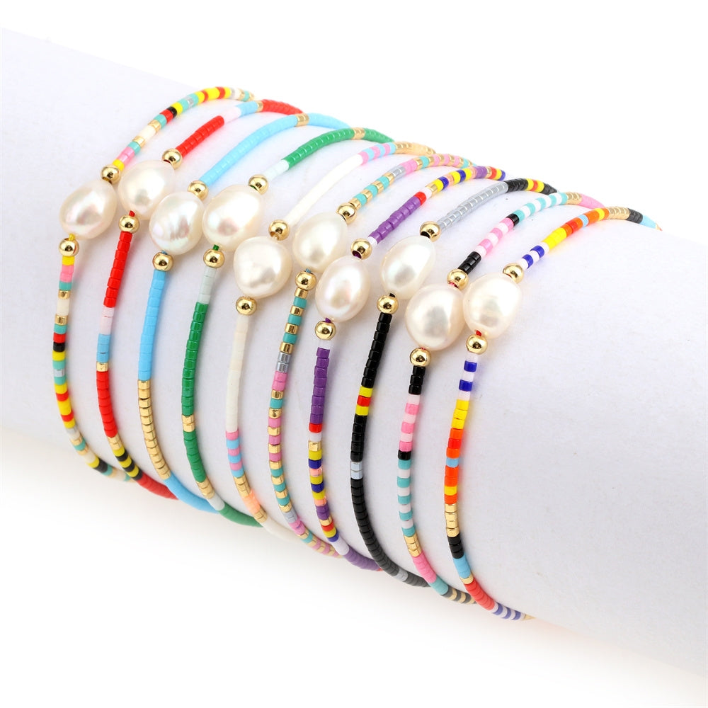 Bohemian Handmade Geometric Baroque Pearl and Stained Glass Bead Bracelet