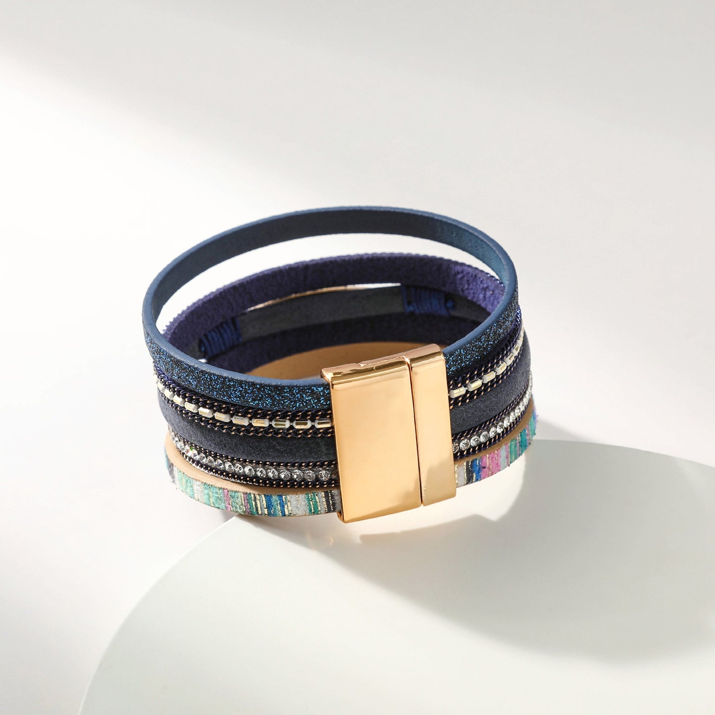 Bohemian Multi-Layer Geometric PU Leather Bracelet with Rhinestone and Alloy Pendant