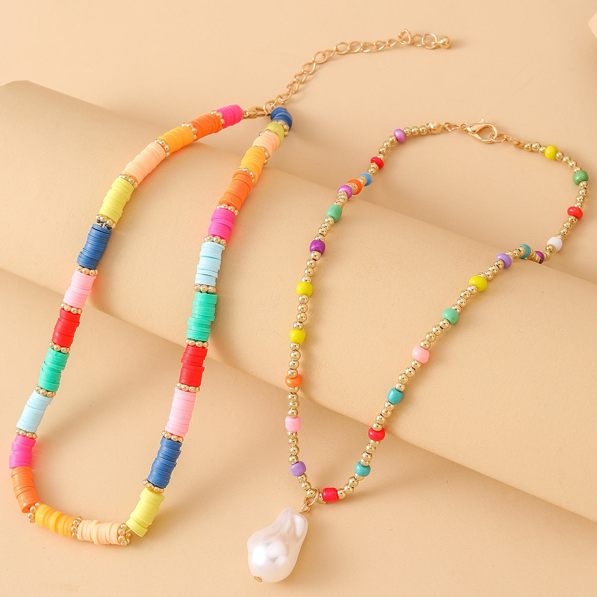 Bohemian Multilayer Geometric Beaded Clay and Pearl Women's Necklace