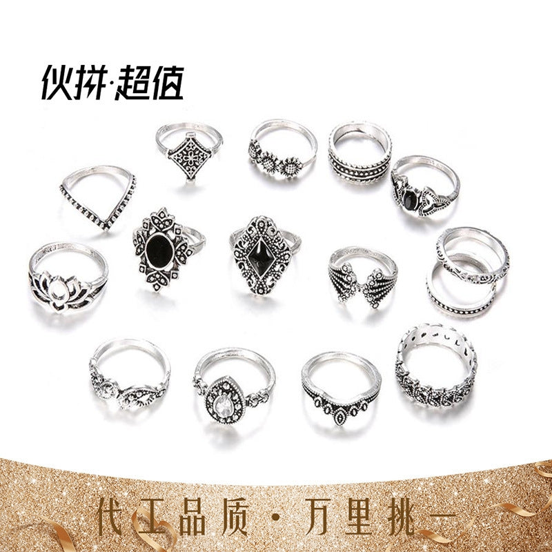 Bohemian Silver Lotus Gemstone Ring 15-Piece Set