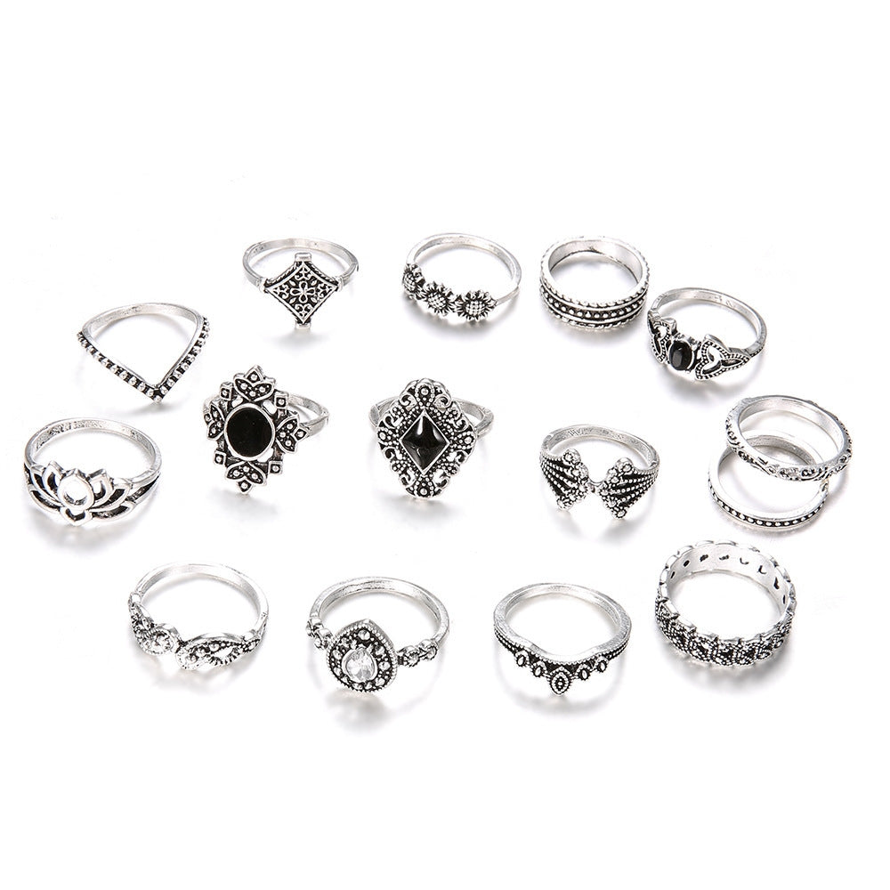 Bohemian Silver Lotus Gemstone Ring 15-Piece Set