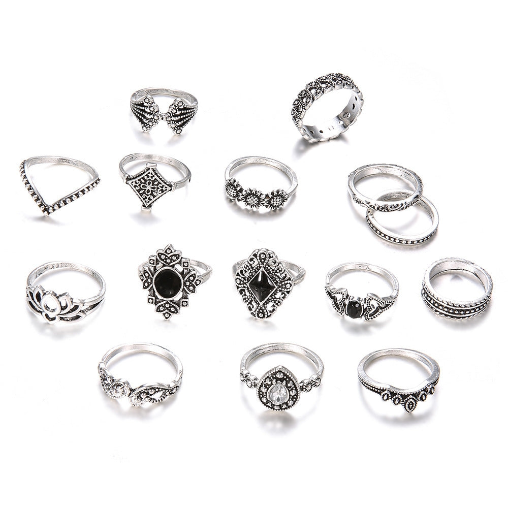 Bohemian Silver Lotus Gemstone Ring 15-Piece Set