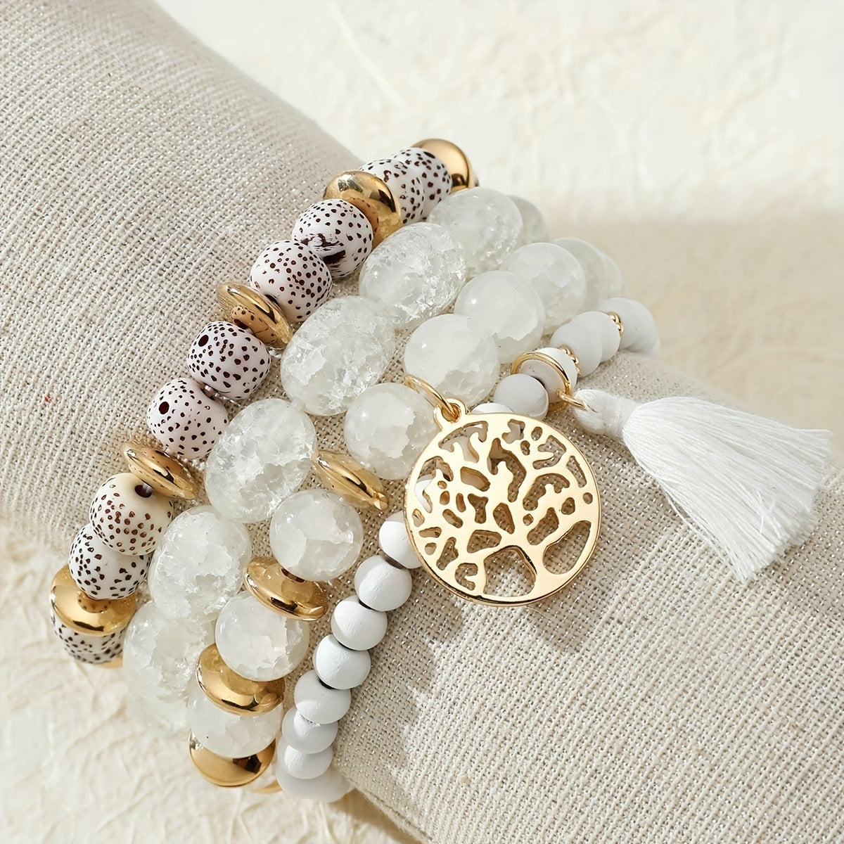 Bohemian Crystal Alloy Natural Stone Beaded Tassel Bracelet Set