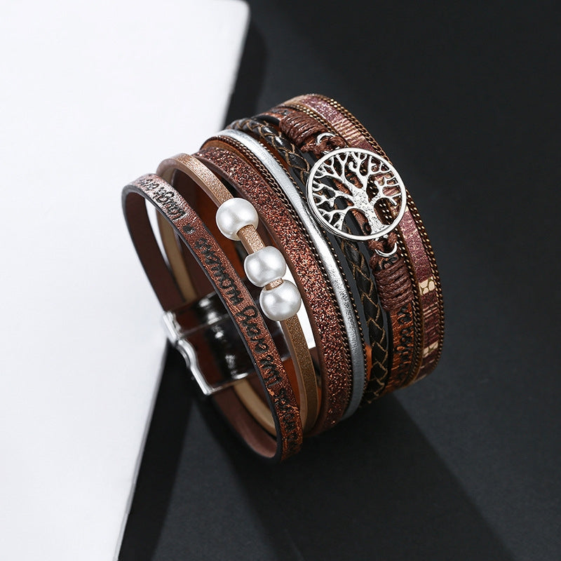 Bohemian Leather Braided Tree of Life Pearl Women's Bracelet