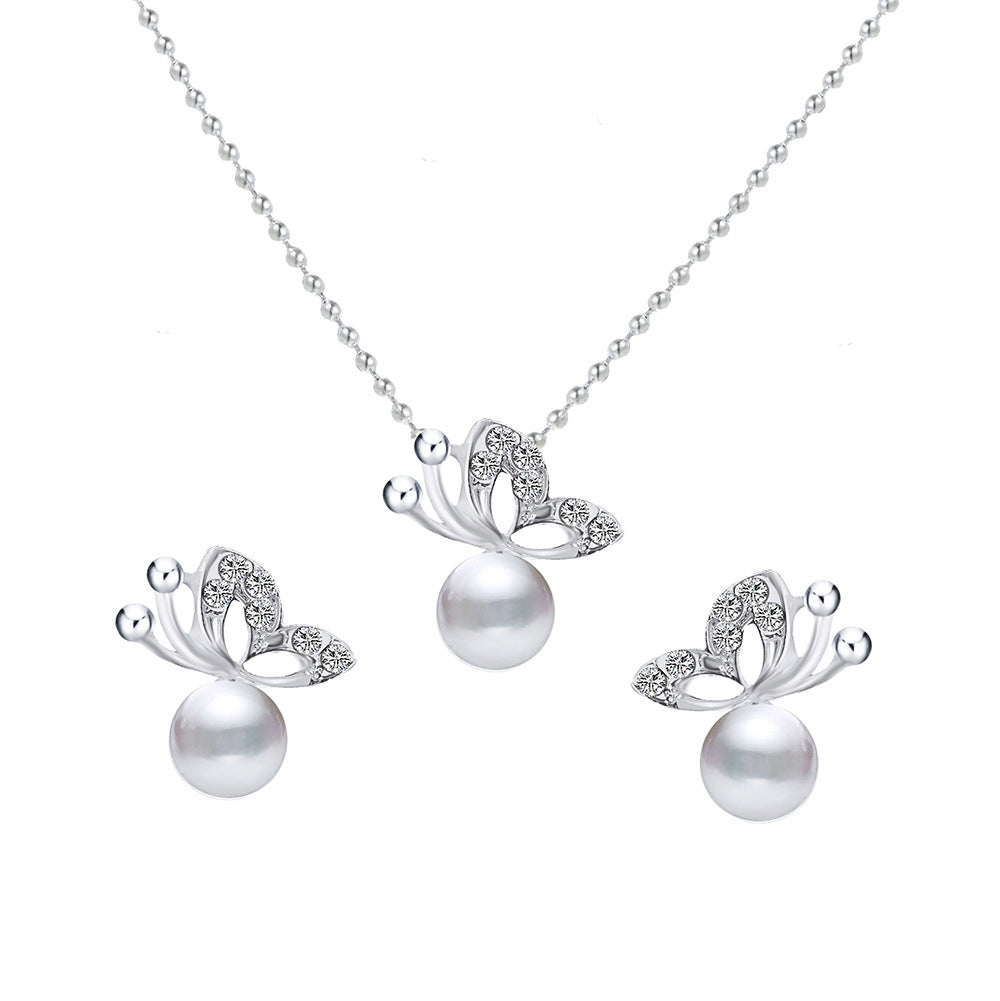 Bow Knot Alloy Plated Necklace and Rhinestone Butterfly Pearl Earring Set