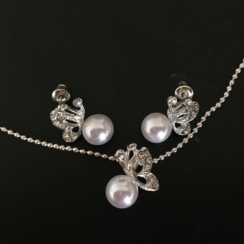 Bow Knot Alloy Plated Necklace and Rhinestone Butterfly Pearl Earring Set