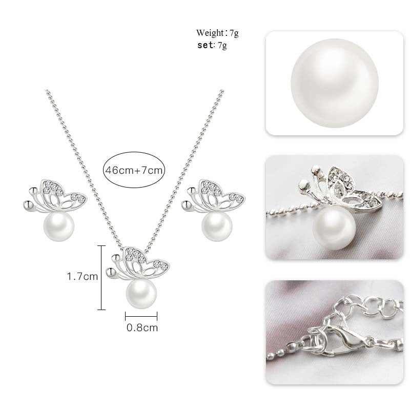 Bow Knot Alloy Plated Necklace and Rhinestone Butterfly Pearl Earring Set