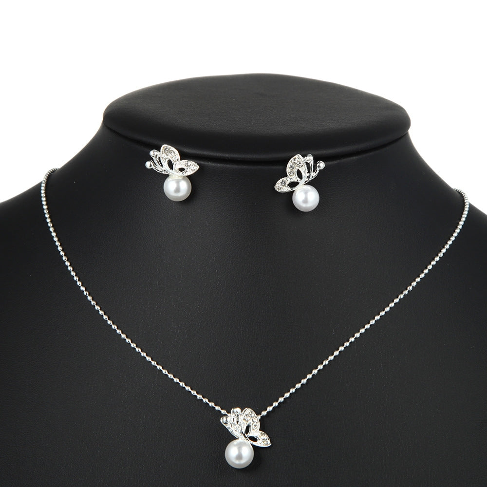 Bow Knot Alloy Plated Necklace and Rhinestone Butterfly Pearl Earring Set