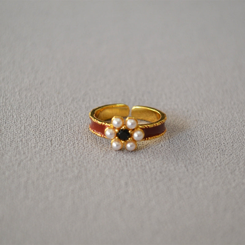 Brass Enamel Pearl Flower Adjustable Ring