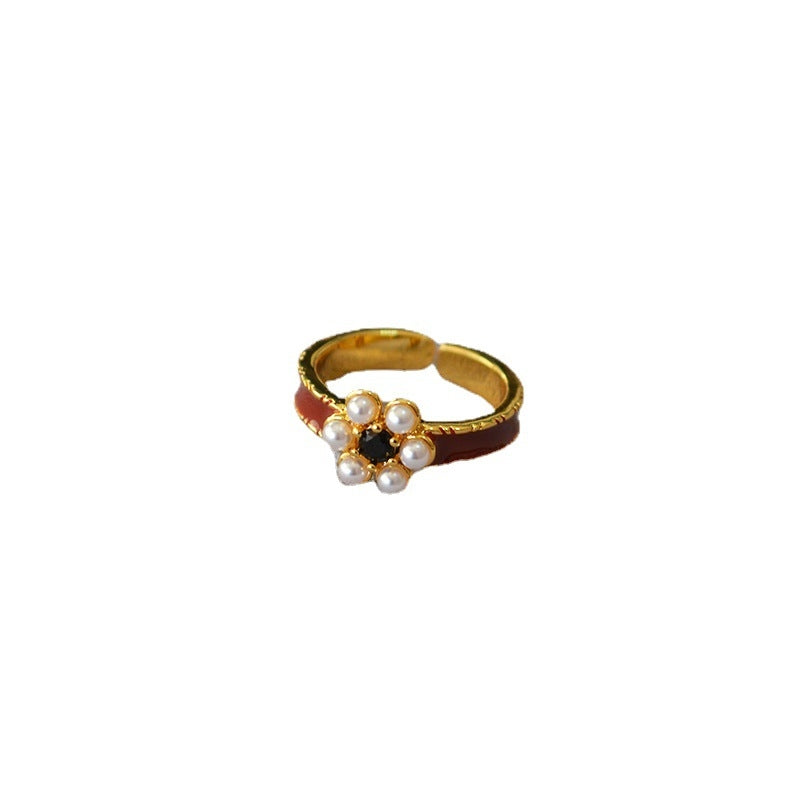 Brass Enamel Pearl Flower Adjustable Ring